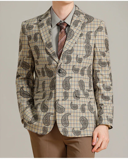 Autumn Winter Cashew Plaid Suit Jacket Men Fashion Casual Embroidered Jacquard Suit Jackets Business Social Party Men Blazers