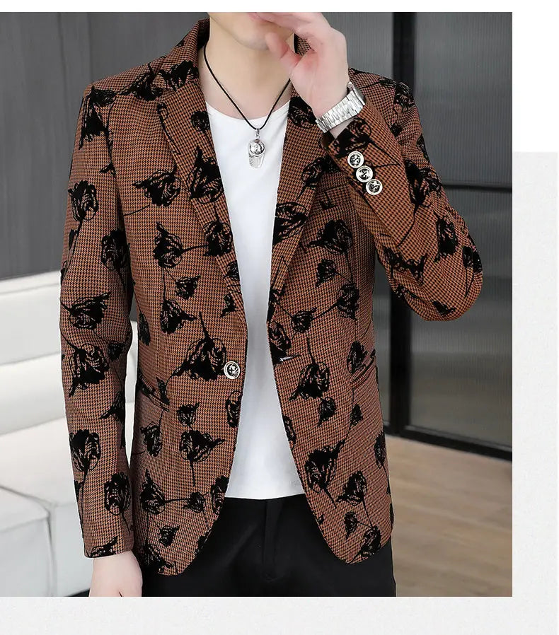 Blazer: Outdoor Fashion Business Gentleman Print Wedding Host Campus Slim-fit Casual Korean-style Youthful Versatile Men Blazer