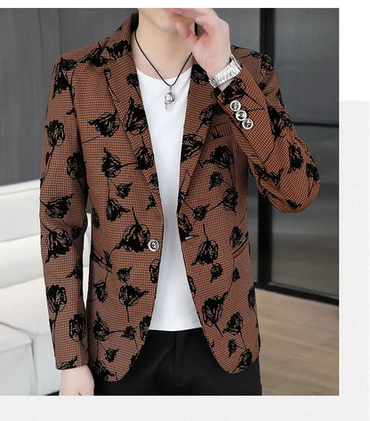 Blazer: Outdoor Fashion Business Gentleman Print Wedding Host Campus Slim-fit Casual Korean-style Youthful Versatile Men Blazer
