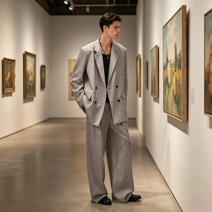 Men's Linen Double Breasted Suit – Slim Fit 2-Piece Blazer & Straight Leg Pants for Summer Weddings & Business