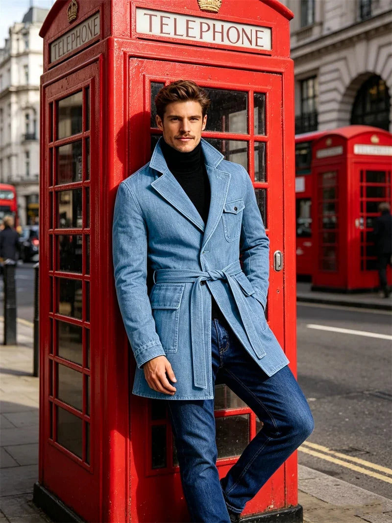 Men's Vintage Mid Length Belted Denim Trench Coat Notched Lapel Casual Workwear Outerwear Stylish Daily Streetwear Jacket