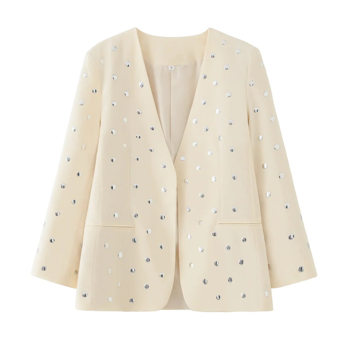 Women's Summer New Rivet Decorative V-neck No-button Casual Suit Jacket Female Temperature Sequin Suit Long Sleeve Jacket