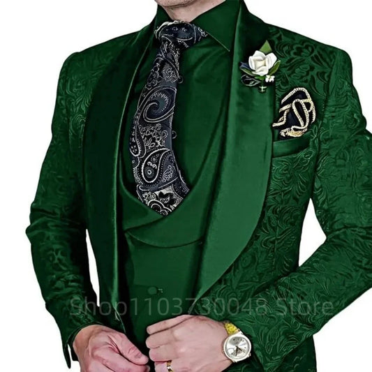 Fashion Jacquard 3-Piece Men's Tuxedo Suit with Shawl Lapel Slim Fit Blazer Vest Pants for Business Wedding Prom Party
