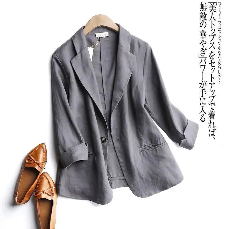 Women's Linen Blazer Loose Fit Single Button 3/4 Sleeve Lightweight Casual Suit Jacket