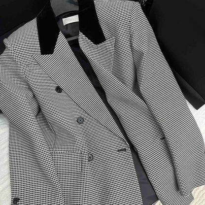 2026 Spring Autumn French Style Plaid Double Breasted Blazer Men Elegant Check Suit Jacket Fashion Outerwear