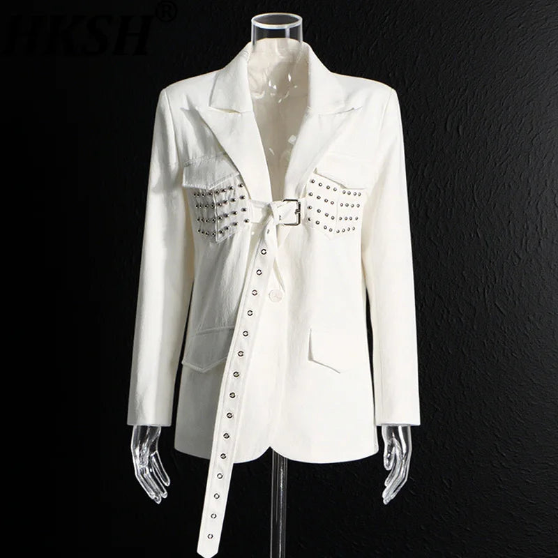Women Blazer Stylish Elegant Design Rivets Lace-Up Patchwork Solid Color Trendy Niche Slim Fit Suit-Coat Autumn New HK28003