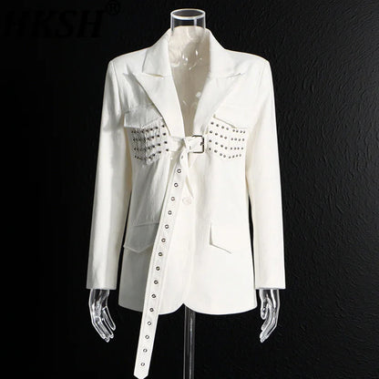 Women Blazer Stylish Elegant Design Rivets Lace-Up Patchwork Solid Color Trendy Niche Slim Fit Suit-Coat Autumn New HK28003