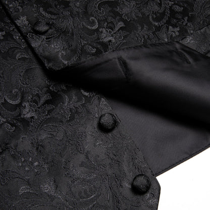 Men's Vest Suit Set Floral Paisley All Black Waistcoat with Tie Hanky Cufflinks for Wedding