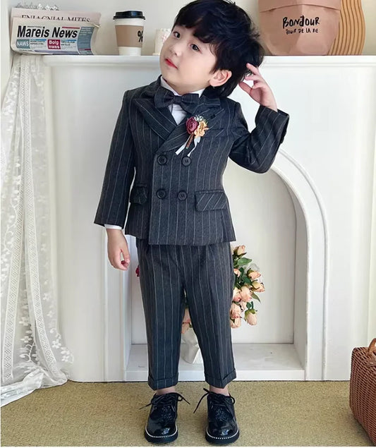 Page Boys Photography Suit Set Kids Jacket Vest Pants Bowtie Brooch 5Pieces Wedding Birthday Party Piano Performance Costume