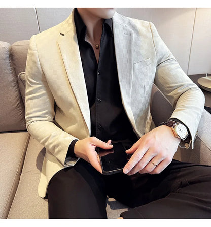 2024 Spring Plaid Blazers Men Single Breasted Casual Business Suit Jacket Fashion Slim Social Banquet Wedding Groom Dress Coats