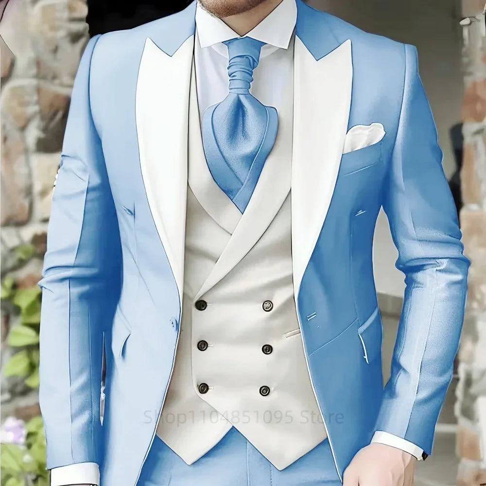 Costumes roses pour hommes Élégant smoking de marié à revers pointu Veste 3 pièces Gilet et pantalon Ensemble de costume formel pour hommes pour affaires et bal de promo