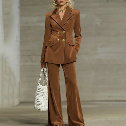 Luxury Women Yellow Velvet Clothing Double-Breasted Blazer+Pants Sets Elegant Winter Daily Suit Slim Fit Office Outerwears