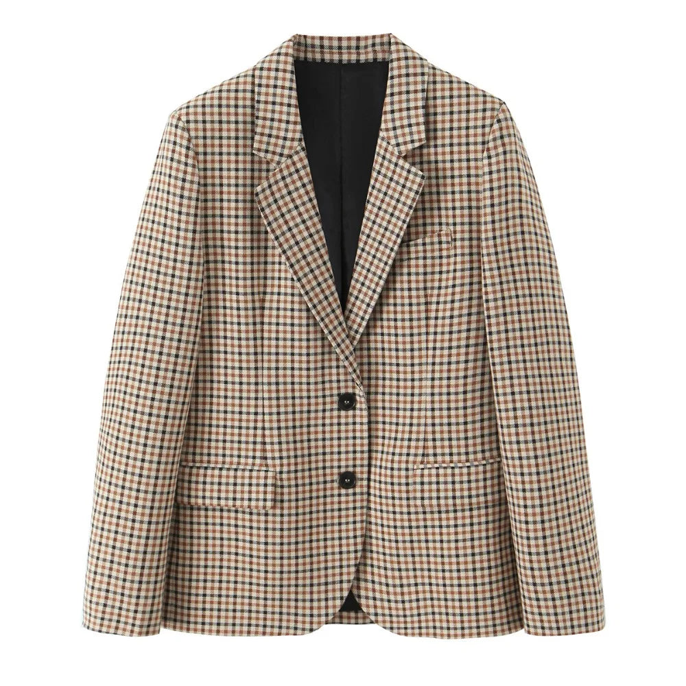 Stylish Plaid Pant Suits for Women New in Commuting Style Two Pieces Straight Plaid Blazer Matching Tonal Pleated Wide Leg Pants