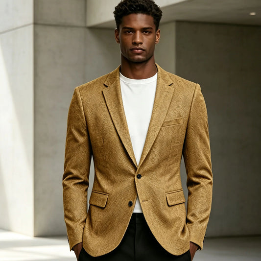 Men's Herringbone Blazer Single Breasted Slim Fit Formal Suit Jacket