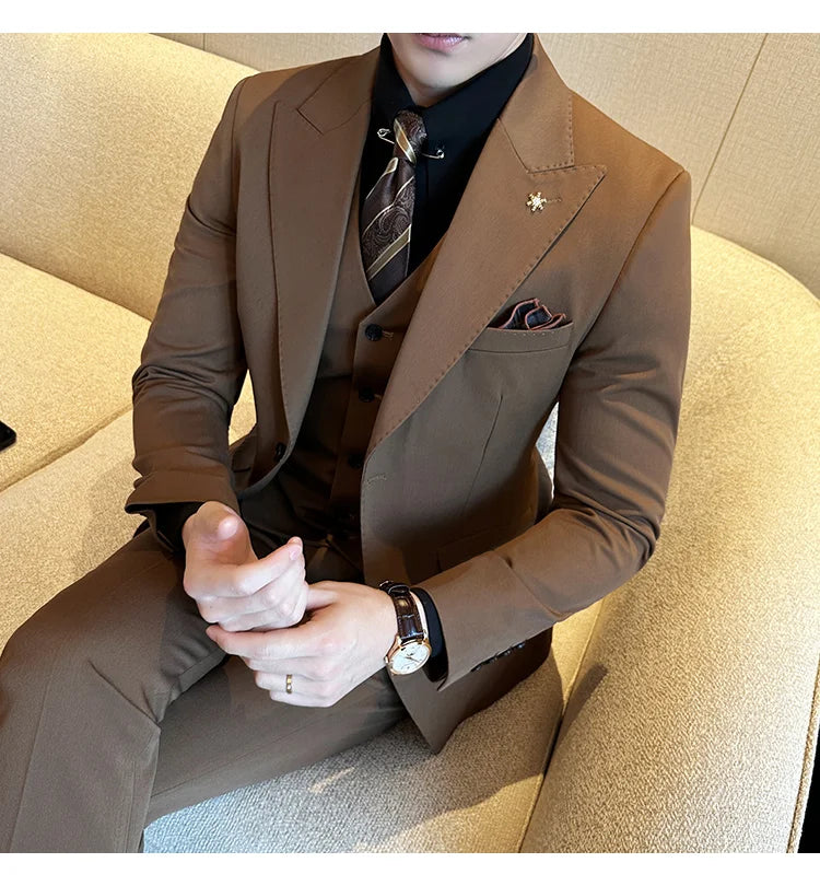 (Blazer + Vest + Trousers) 2024 New Men Formal Business Solid Suit 3 Pieces Set Italian Style Luxury Wedding Social Party Tuxedo