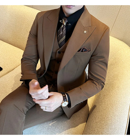 (Blazer + Vest + Trousers) 2024 New Men Formal Business Solid Suit 3 Pieces Set Italian Style Luxury Wedding Social Party Tuxedo