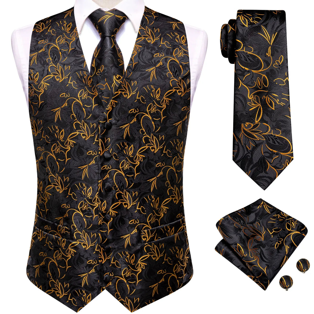 Men's Jacquard Floral Suit Vest Set with Tie Hanky Cufflinks for Wedding & Business