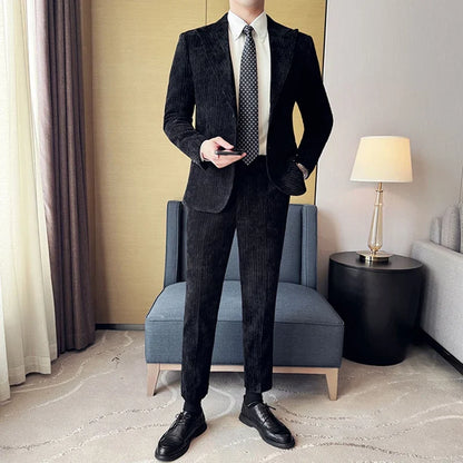 ( Jacket+Pants) Men Corduroy Suit Two-Piece Set High Quality Italian Style Business Suit Luxury Men Formal Wedding Groom Tuxedos