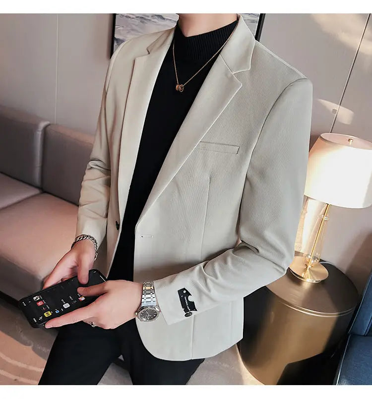 High-Quality Fashionable Men's Slim Fit Business Suit Jacket Autumn Wear Korean Style Pure Color Tweed High-End Feel