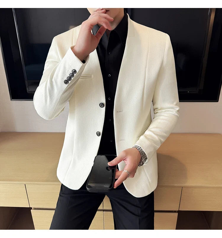 Chinese Style Collarless Suit Jacket Men Fashion Slim Fit Versatile Blazers Male Casual Business Wedding Groom Dress Jacket 2025