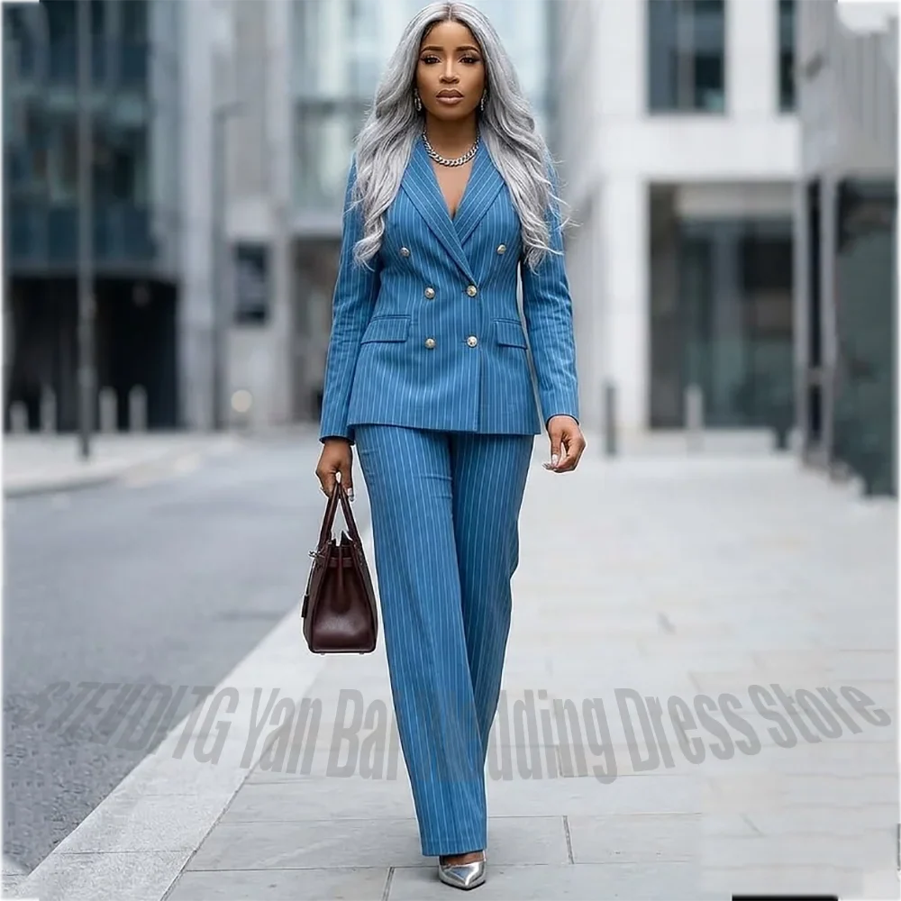 Blue Stripe Women 2 Piece Suit Double Breasted Blazer Straight Outfit Formal Business Office Elegant Daily Set Jacket Pants