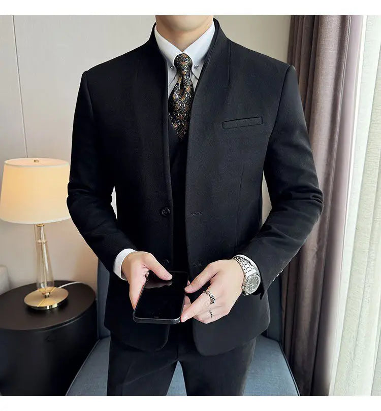 Men's 3-Piece Slim Fit Stand Collar Suit – Wedding, Prom & Office Formal Set