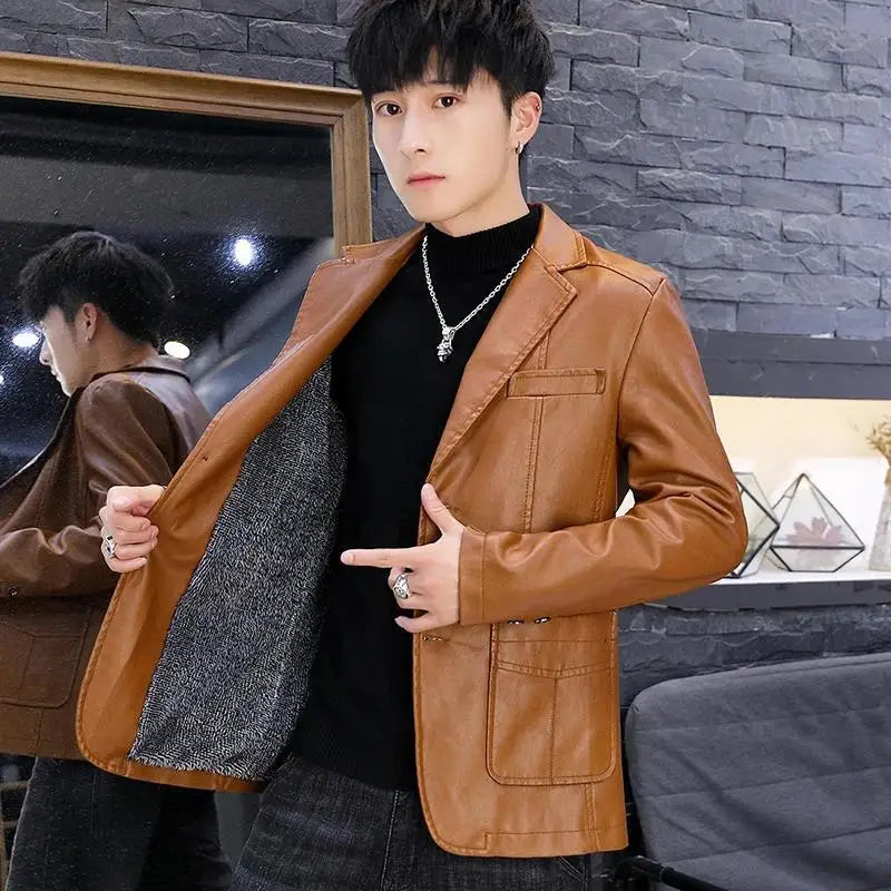 Men's Faux Leather Blazer Jacket Autumn Winter Warm Fleece Lined Casual Versatile Outerwear