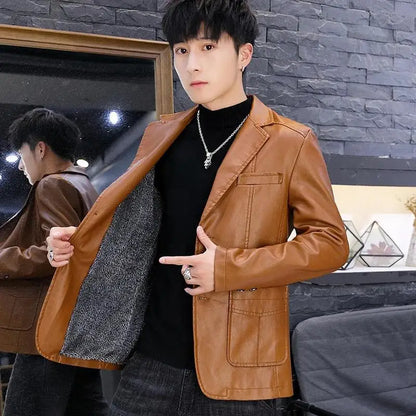 Men's Faux Leather Blazer Jacket Autumn Winter Warm Fleece Lined Casual Versatile Outerwear