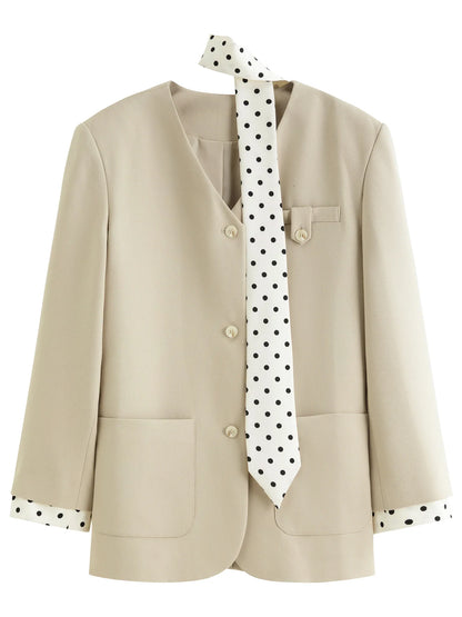 2025 Women's Black Polka Dot Blazer Spring New V-Neck Ribbon Bow Tie Long Sleeve Slim Jacket Retro Office Chic Outerwear