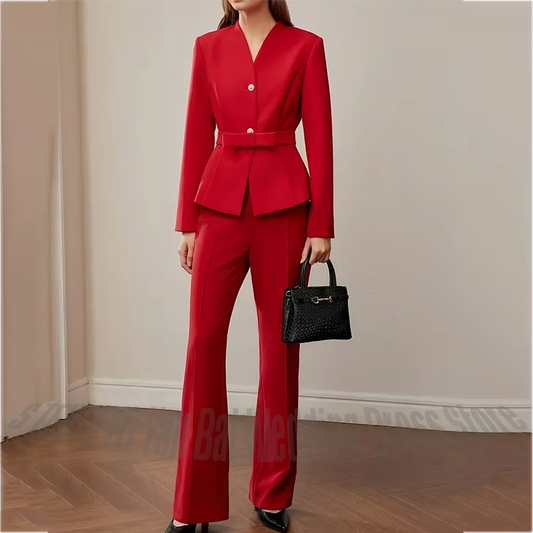 Chic Red Women's Suit V-Neck Peplum Blazer with Belt Bow Pants Slim Fit Formal Business Work Office Lady Wear Two Pieces