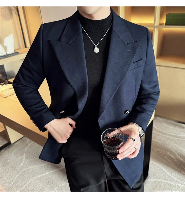 Autumn Winter Thickened Woolen Suit Jacket Men Double-breasted Casual Business Blazers Slim Fit Wedding Social Dress Coat M-4XL