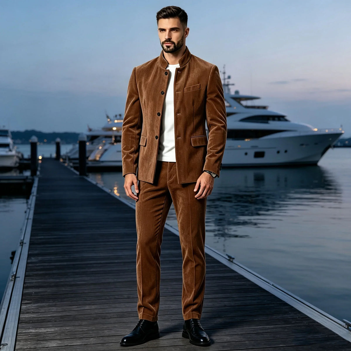 Men's Corduroy 2-Piece Suit – Mandarin Collar Single Breasted Blazer & Pants for Business & Formal Occasions