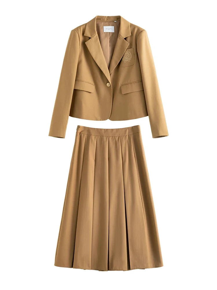 College Style Short Blazer Coat Fashion Two Piece Suit for Women Literary Retro Spring New High Waist Half Pleated Skirt