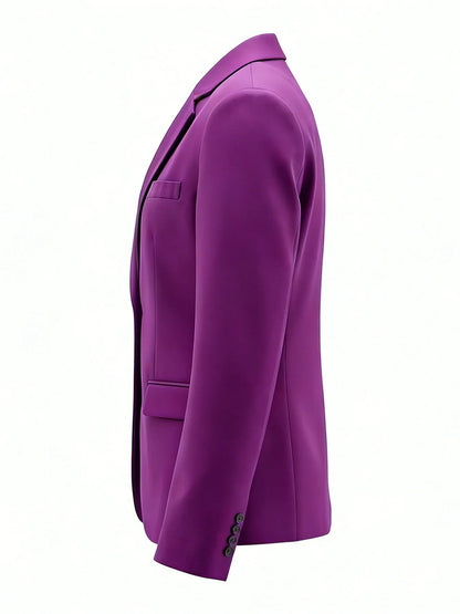 Mens Luxury Solid Blazer Jacket Slim Fit Casual Metal Buckle Belted Suit Coat Stylish Purple Satin One Button Sport Coat Tuxedo