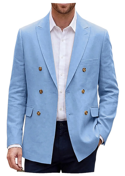 Men's Double Breasted Linen Blazer Slim Fit Suit Jacket Formal Business Casual Coat Wedding Party Spring Summer Streetwear