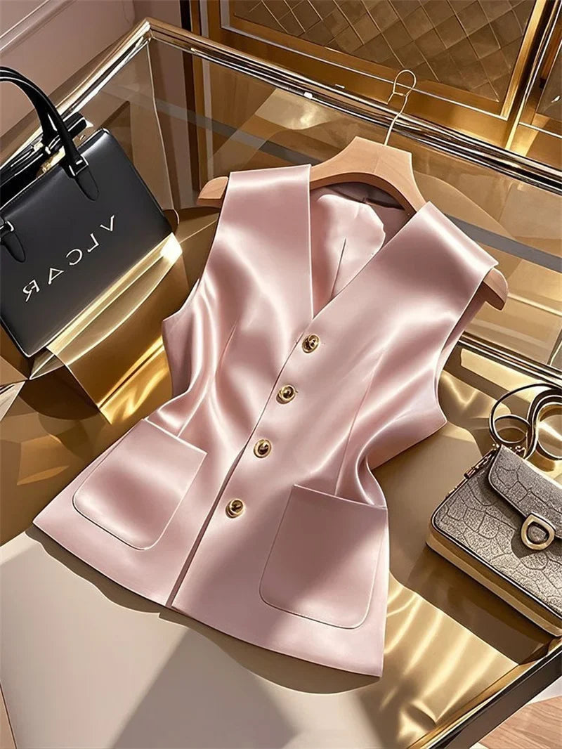 Female Occupation Vest Jacket Korean Ladies Fashion Versatile Blazer Sleeveless Coat Autumn Women Solid Color Suit Waistcoat Top