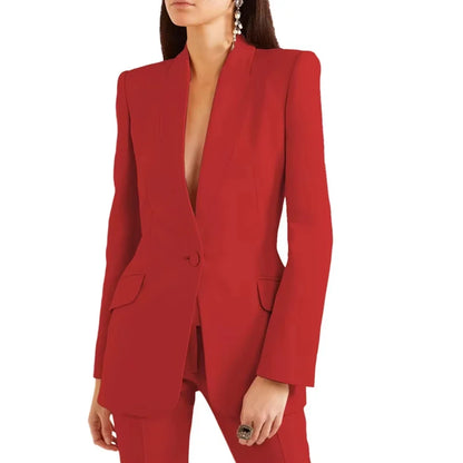 Chic Peak Lapel Pants Sets 2 Piece Solid Color Single Button Tuxedo Wedding Party Formal Casual Women's Suit (Jacket+Pant)