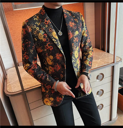 Luxury Art Jacquard Suit Jacket for Men Korean Version Business Casual Blazers Slim Fit Wedding Groom Social Dress Coats M-4XL
