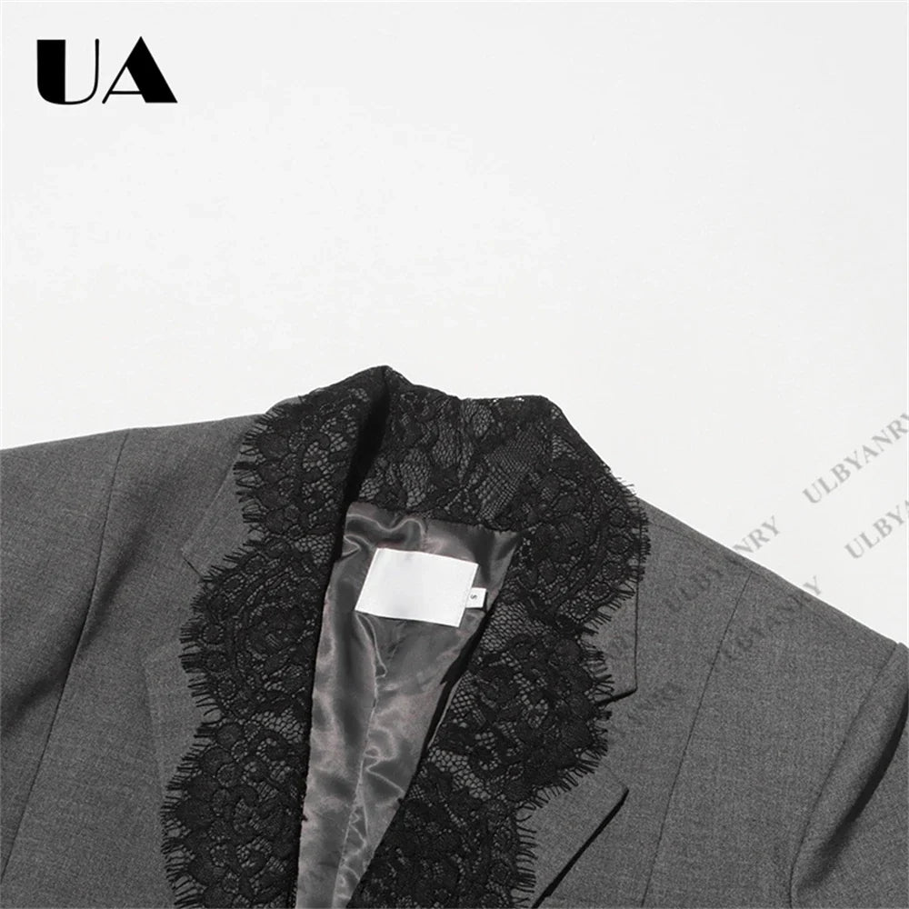 Women’s Grey Blazer with Black Lace Trim Elegant Notched Lapel Cuffs & Hem Jacket Single-Breasted Office Wear