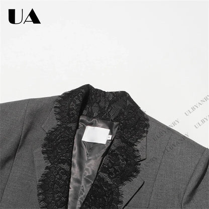 Women’s Grey Blazer with Black Lace Trim Elegant Notched Lapel Cuffs & Hem Jacket Single-Breasted Office Wear