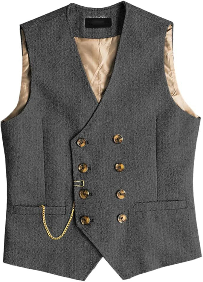 Men's Waistcoat Herringbone Double Breasted Vest for Wedding Banquet