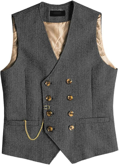 Men's Waistcoat Herringbone Double Breasted Vest for Wedding Banquet