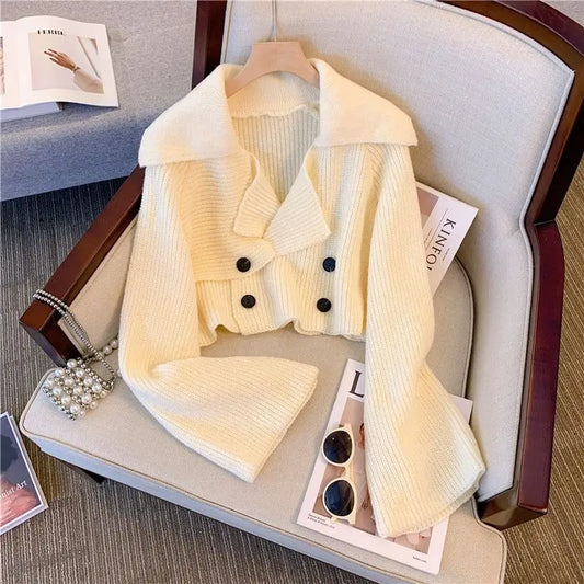 French Elegance Knitted Cardigan Crop Top Casual Turn-down Collar Short Sweaters Korean Chic All-match Office Lady Suit Jackets