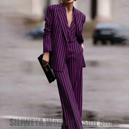 Navy Women's Striped 3 Piece Suit Double Breasted Blazer Vest Wide-Leg Pants Set Fashion Formal Party Office Casual Outfit