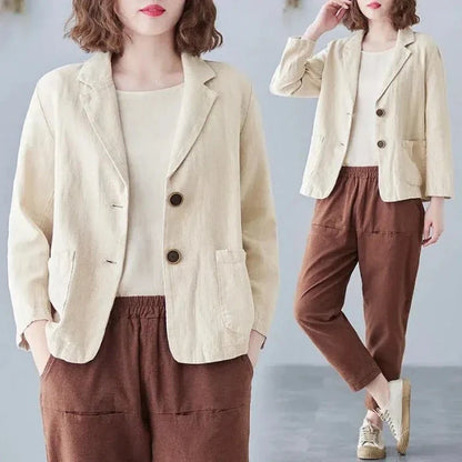 Casual Cotton Linen Short Suit Jacket Women's Spring 2025 Loose Fit Long Sleeve Artistic Large Size Casual Style Top