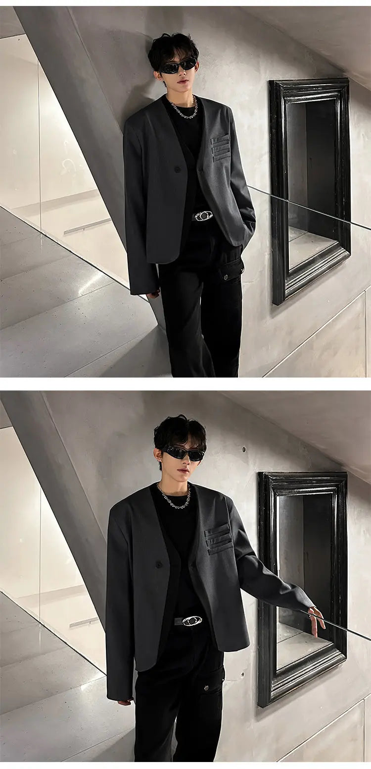 Color Contrast Fake Two Piece Design Handsome Korean Blazer Jacket Men Stylish Elegant V Neck Casual Male Clothes JY5226