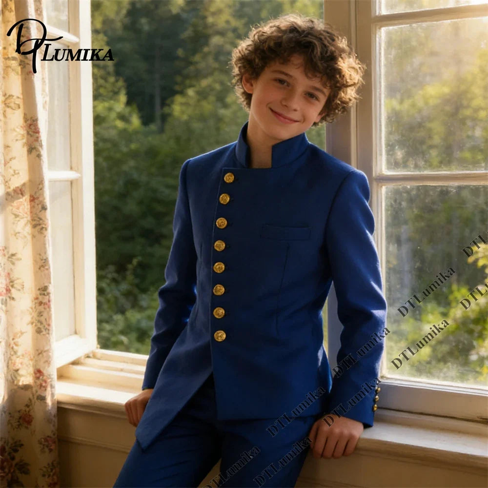 Boys Suit Set Mandarin Collar Tuxedo with Gold Buttons for Weddings and Formal Occasions