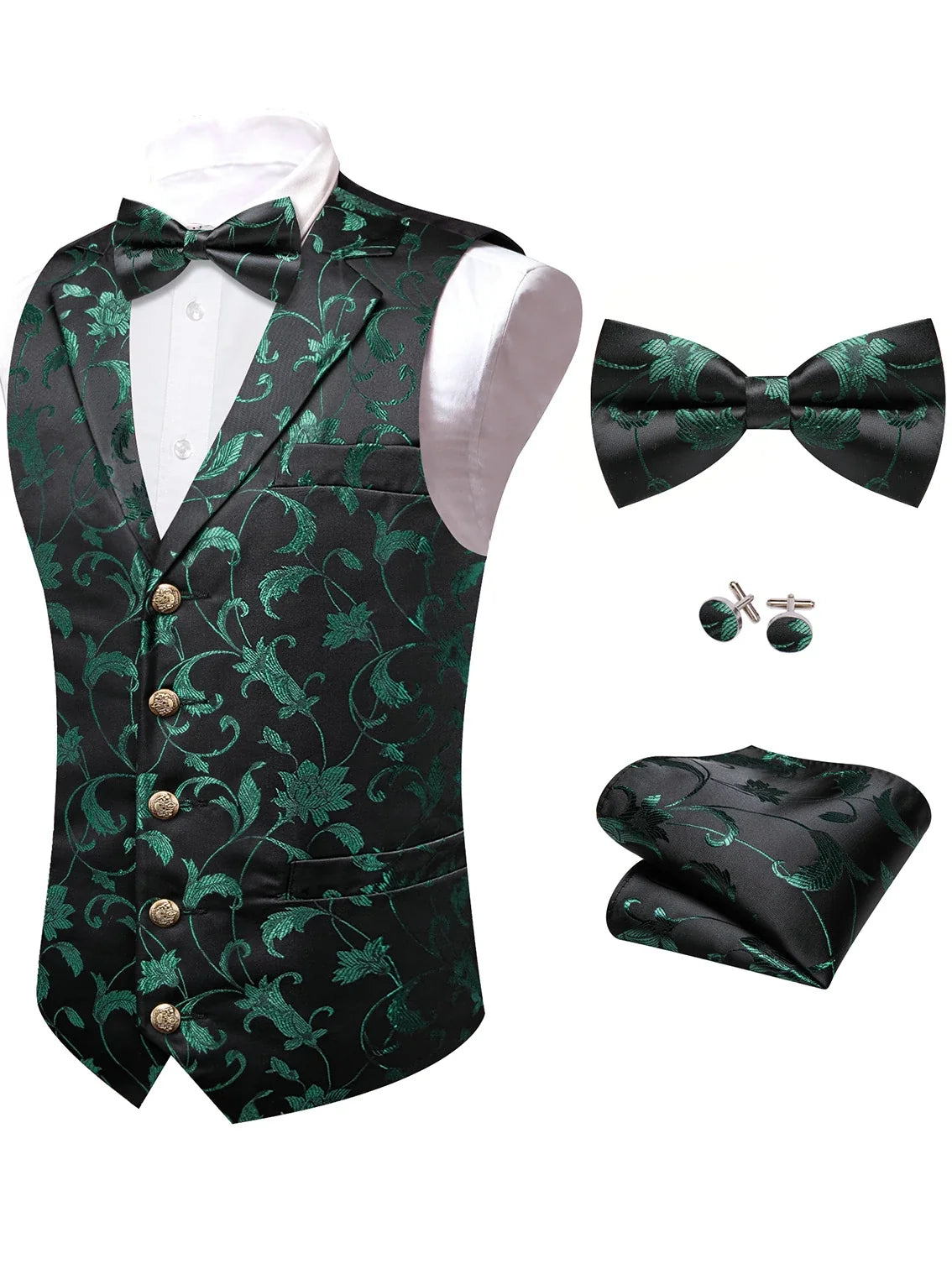 Men's Red Jacquard Floral Vest Notched Lapel Collar – Formal Waistcoat & Bowtie Set