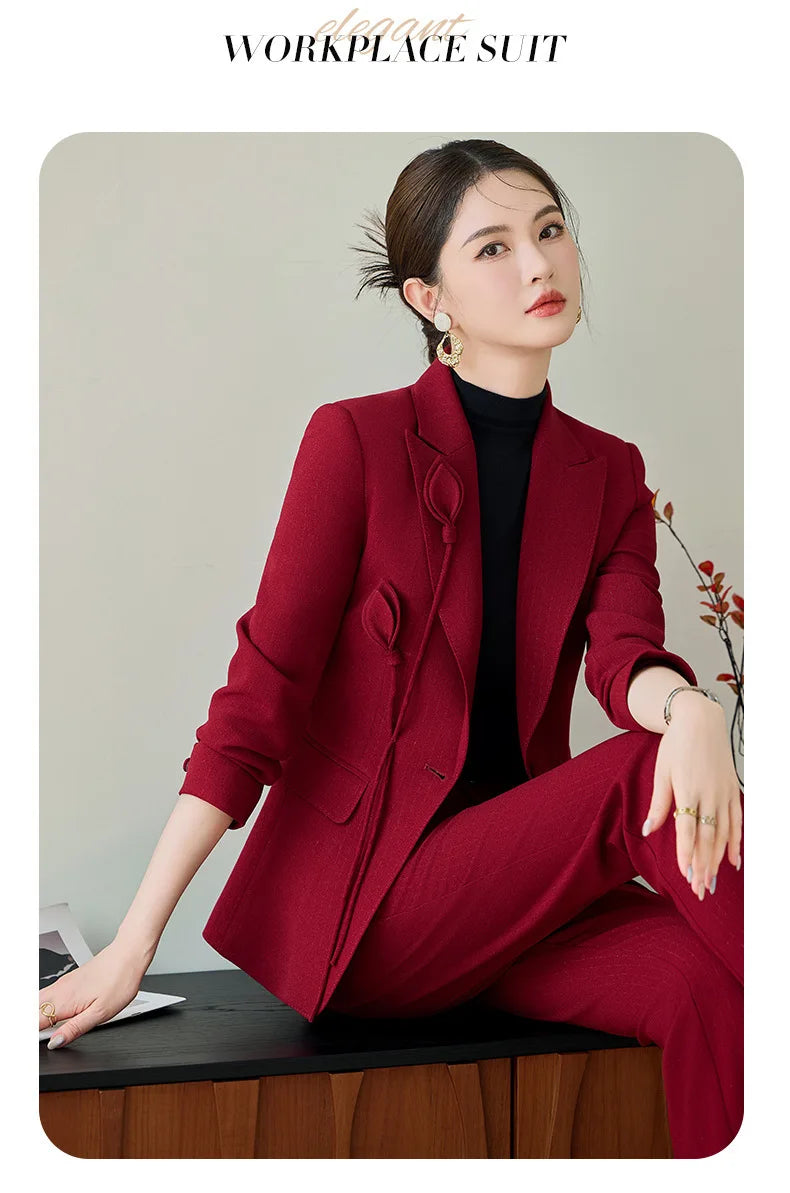 High End Khaki Elegant Fashion Two Piece Set Fashion Women Slim Single Button Blazer And Flare Pant Office Lady Work Wear