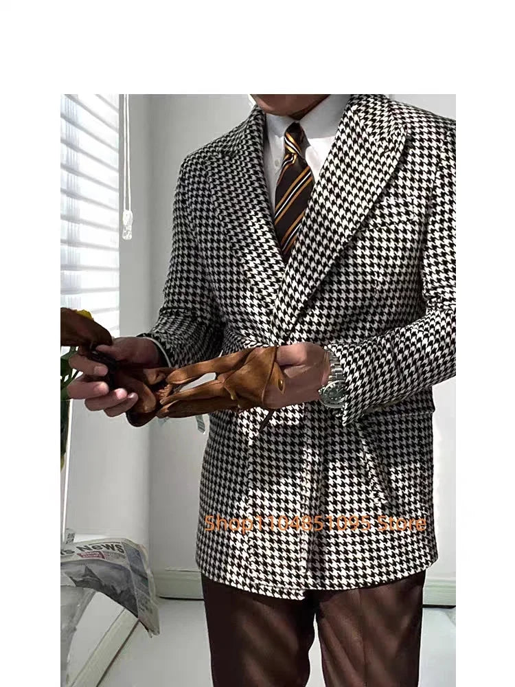 Men's Houndstooth Blazer Double Breasted Jacket for Party Prom Outwear Groom Business Tuxedos Wedding Men Suits Coat Only One